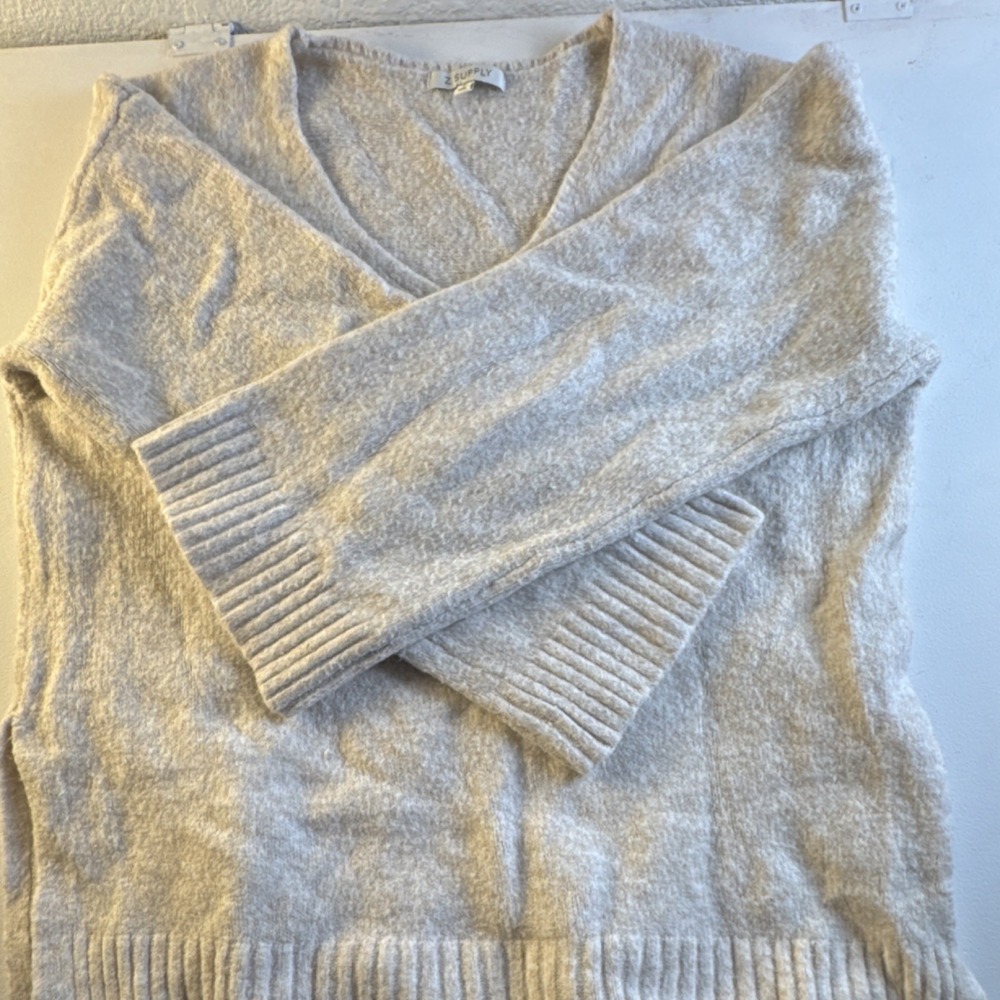 Z SUPPLY V-Neck Long Sleeve Pullover Sweater Beige Knit Lightweight Ribbed S